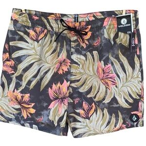 NWT Volcom Tropical Print Swim Trunks Shorts Size XXL black grey olive coral tan